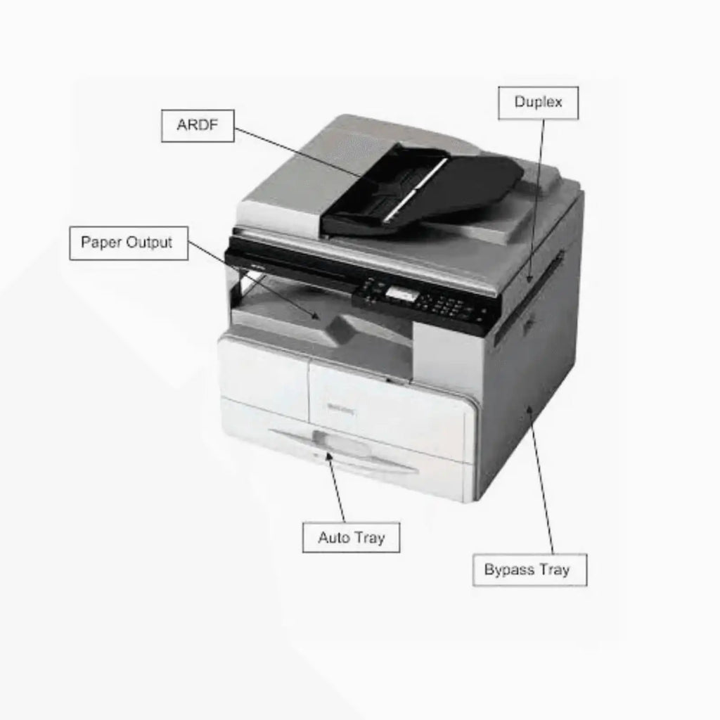 Ricoh M 2701 monochrome multifunction printer, compact design - side view